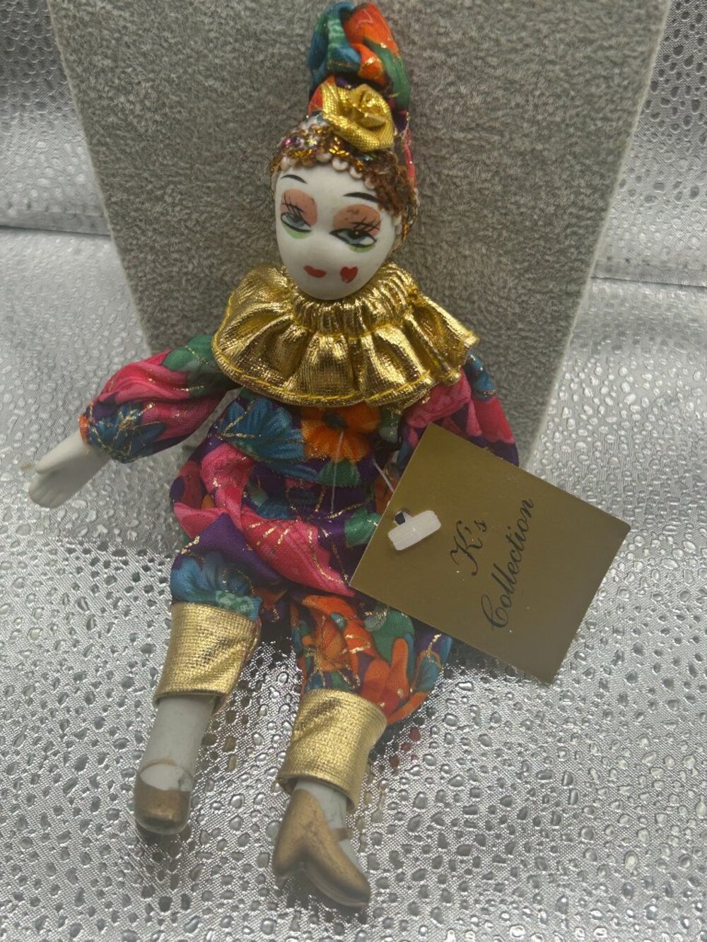 Vintage K's Collection Gold, Pink, Orange, Purple and Green Glass Clown Doll